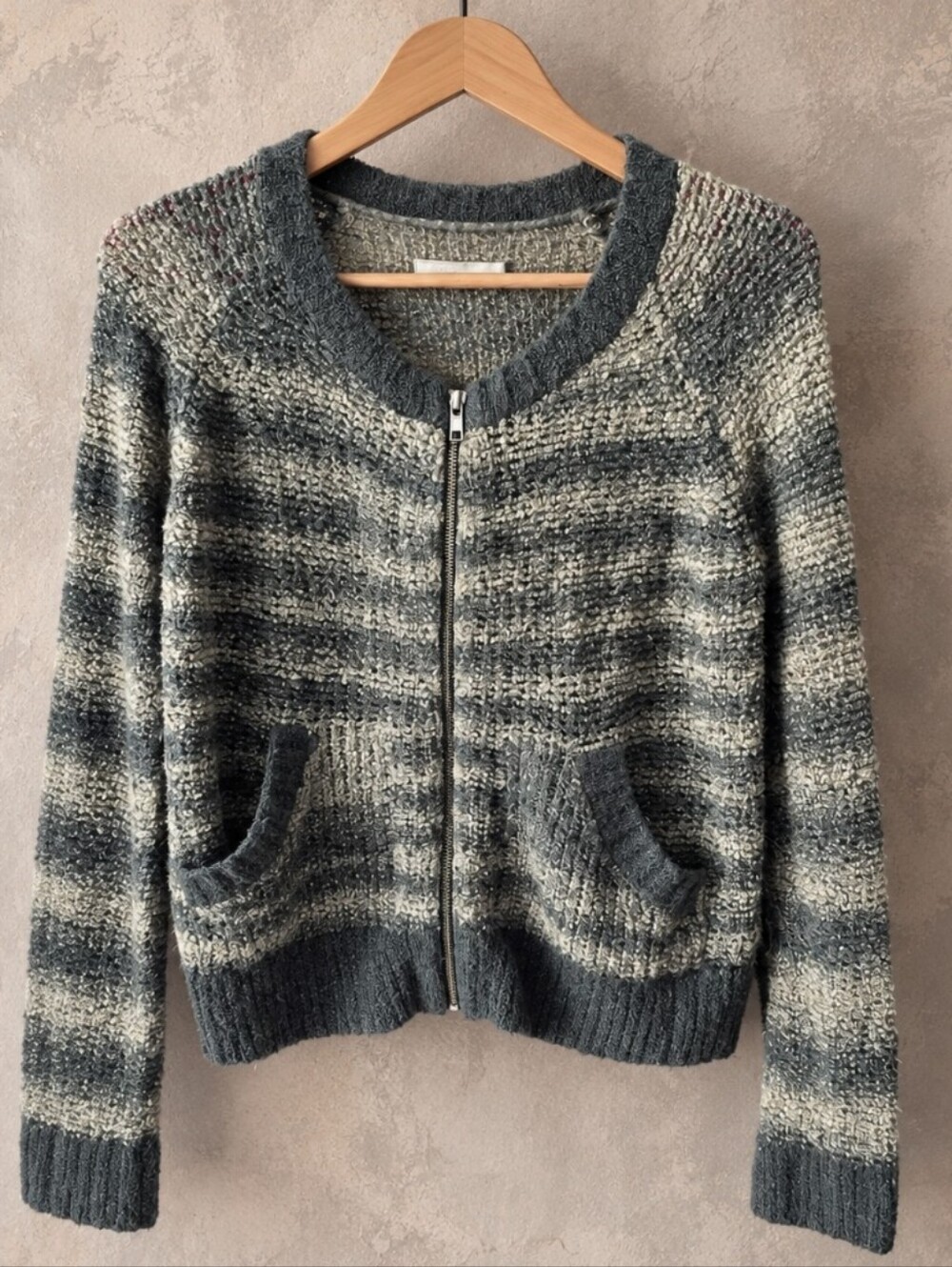 Rubbish Striped Zip Cardigan in Gray and Cream